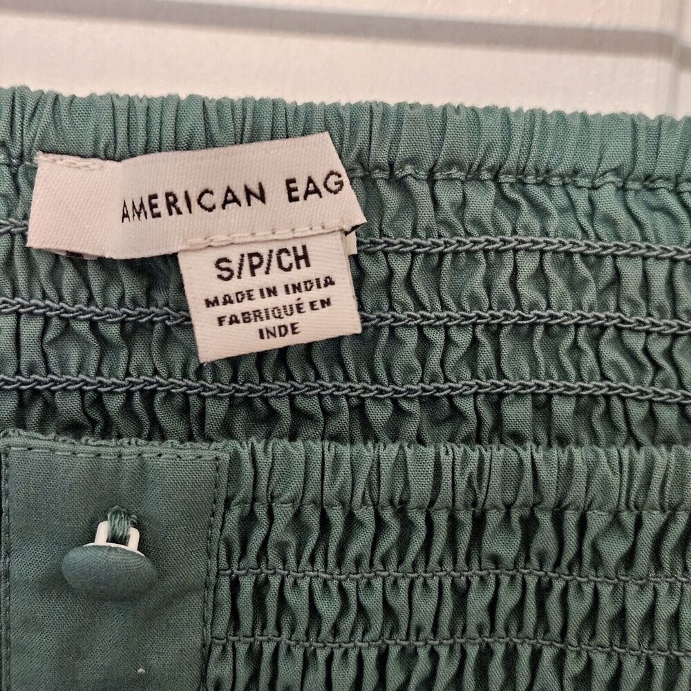 American Eagle Green Smocked Square Neck Crop Blouse Long Sleeve Women's Small - Picture 7 of 9